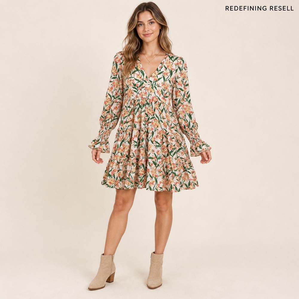 Pomander Place Floral Tiered Mini Dress V-Neck Smocked Cuff XXS Y23496OODT